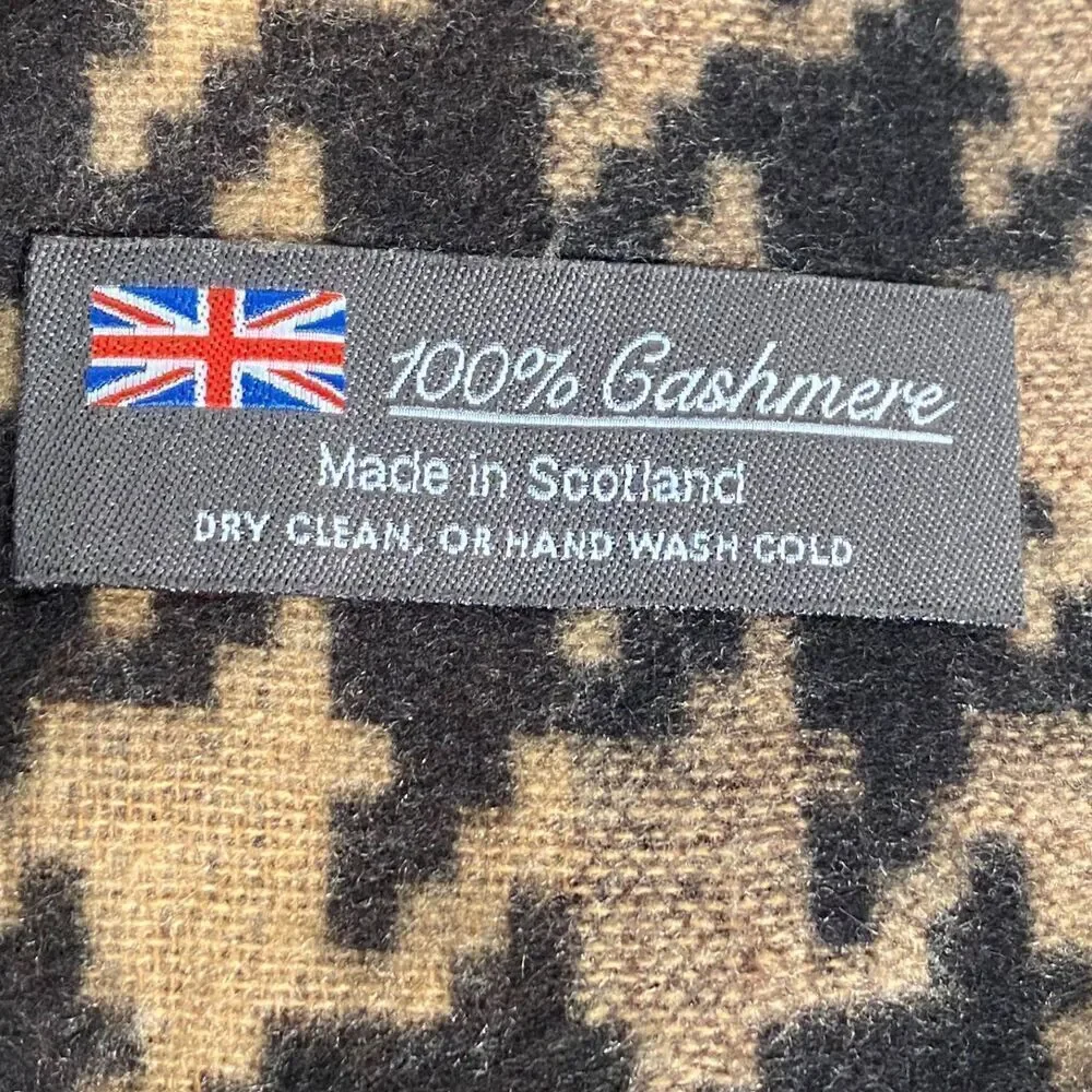 Made in Scotland 100% Cashmere Houndstooth Scarf Brown Ombre Fringe Soft